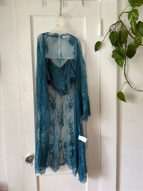 Sheer Lace Robe and underwear size L Set - Teal AVIDLOVE